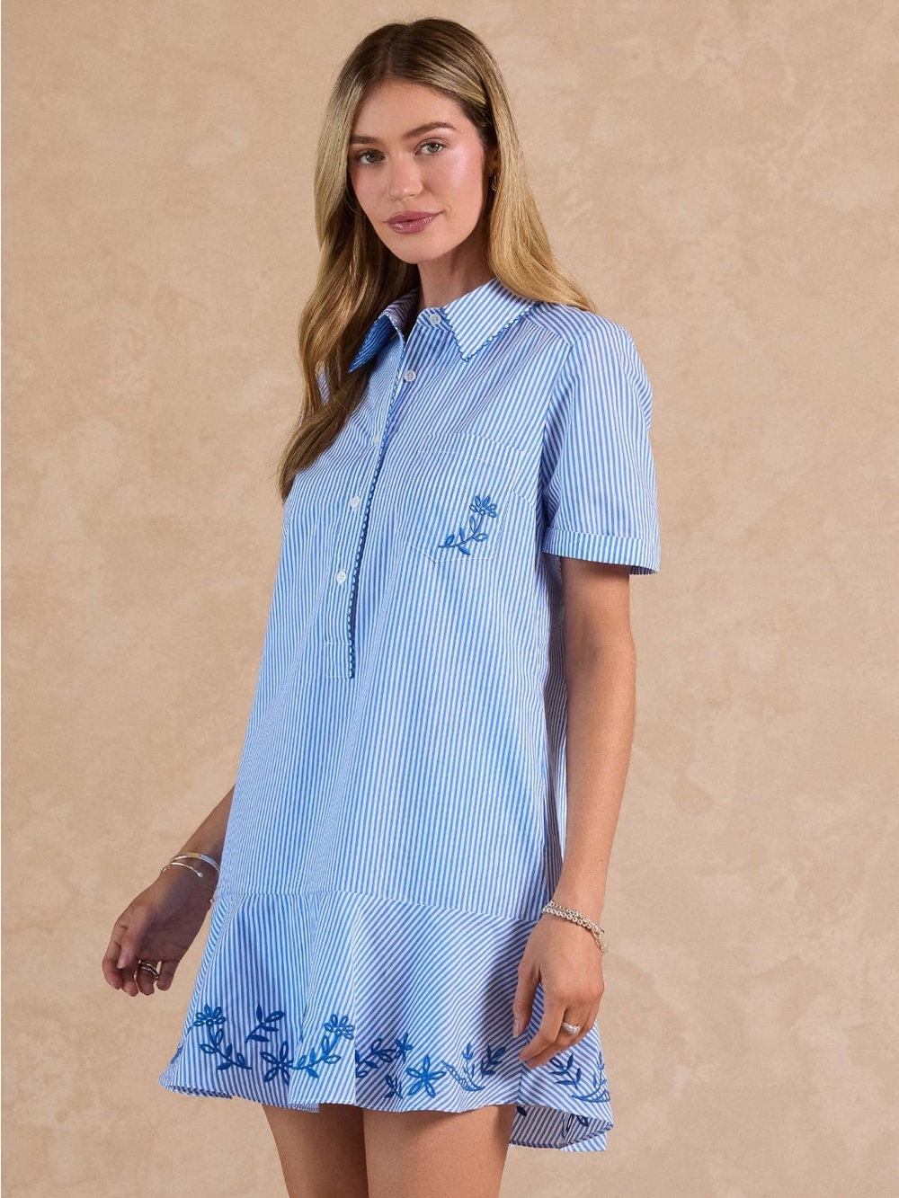 Striped Embroidered Mini Shirt Dress - Picture 4 of 5